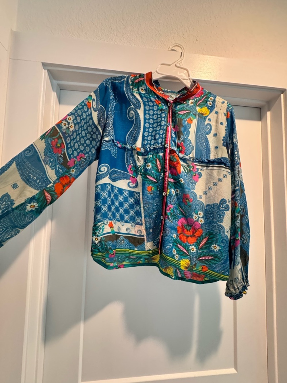 Johnny Was Blue Floral Patchwork Button-Front Blouse